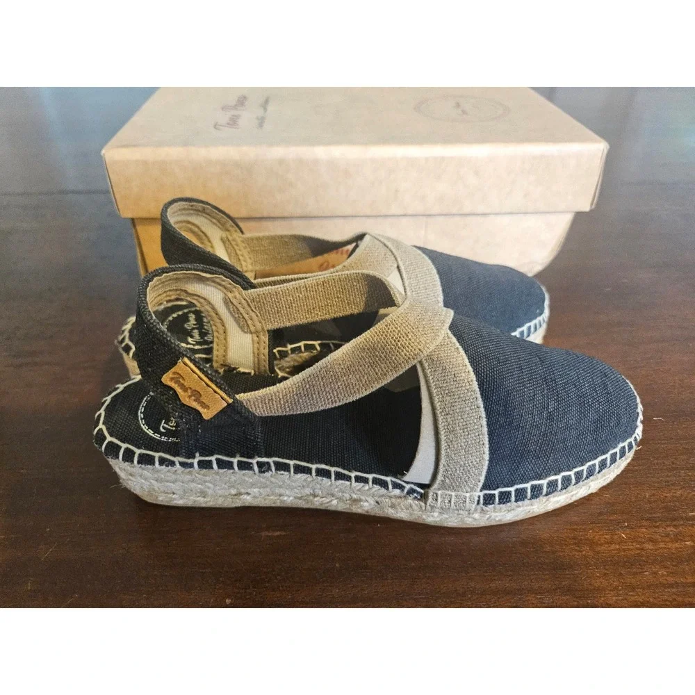Toni Pons Espadrille Sandal Women 37 US 6/6.5 Black Beige Canvas Wedge Slingback